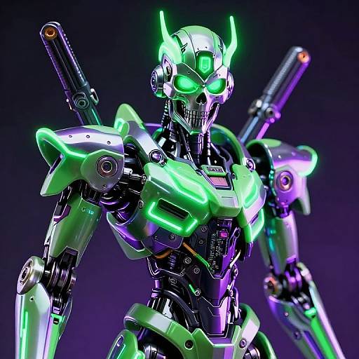 Glowing neon-green, futuristic robot with glowing eyes, wielding guns; purple and black metallic armor against dark purple background. CGI style.