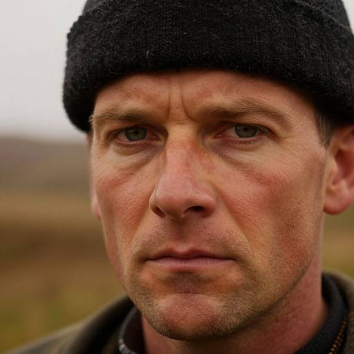 Close-up photograph of a rugged, middle-aged man with fair skin, blue eyes, and a black knitted beanie, wearing a brown jacket,