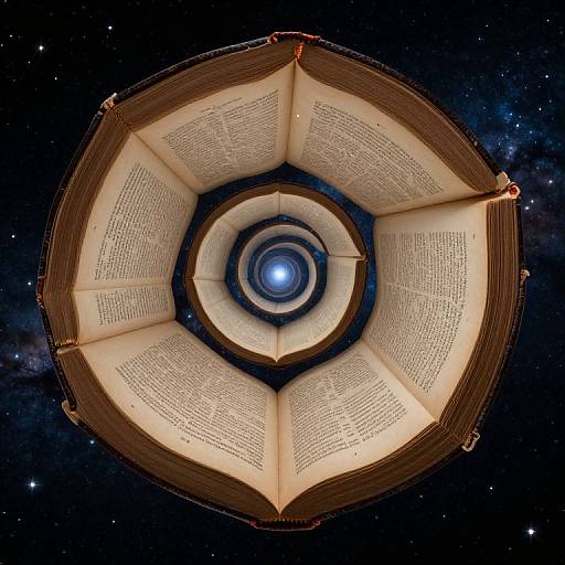 Photograph of an open book with text forming a circular spiral, centered on a glowing blue orb, set against a starry space background.