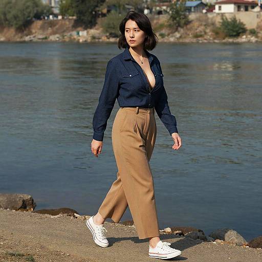 Photograph of a young Asian woman with shoulder-length black hair, wearing a navy blue button-up shirt with deep neckline, tan high-waisted pants
