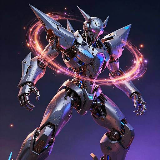 Digital art of a futuristic, silver mecha warrior with glowing blue accents, wielding a neon pink energy ring in a dark, starry space. Dynamic