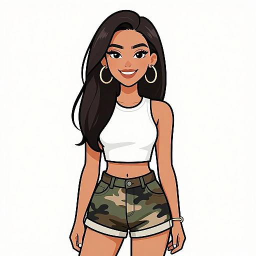 Digital cartoon of a smiling woman with long black hair, wearing a white crop top, camo shorts, and large hoop earrings.