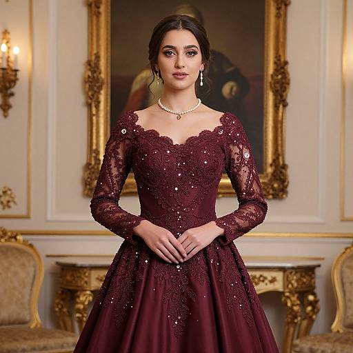 Photograph of a young woman with dark hair in an elegant, deep burgundy lace gown with sequins, pearl necklace, and gold earrings, standing