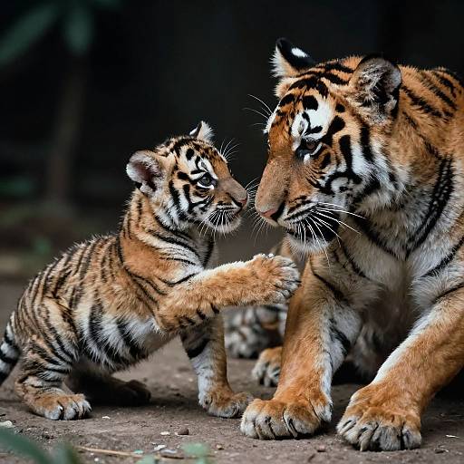 Photograph of a tiger cub reaching out to an adult tiger, both with vibrant orange and black striped fur, in a dark, forested background.
