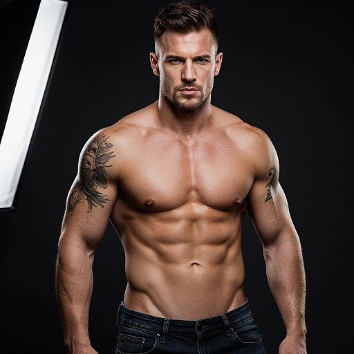 Photograph of a muscular, shirtless man with short dark hair, tattoos on both shoulders, and defined abs, wearing dark jeans, against a black