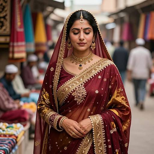 Photograph of an Indian woman in a maroon and gold traditional saree with intricate embroidery, standing in a bustling marketplace.