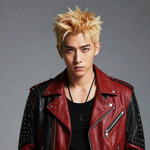 Photograph of a young, blonde-haired man with spiky hair, wearing a red leather jacket with black studs over a black shirt, against a gray