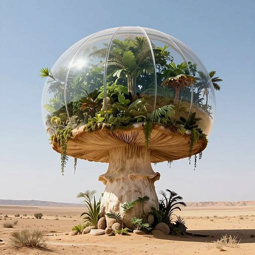 Photorealistic CGI of a giant mushroom with a transparent dome covering lush, tropical plants, standing in a bright, sandy desert.