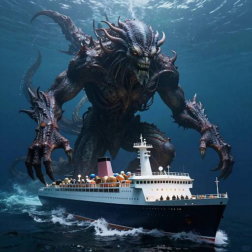 Digital artwork: Massive, monstrous sea creature with sharp claws and glowing eyes looms over a white cruise ship with orange lifeboats on dark blue ocean.