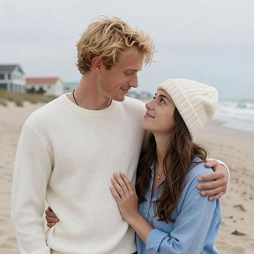 Couple Embracing on Beach in Cozy Sweaters