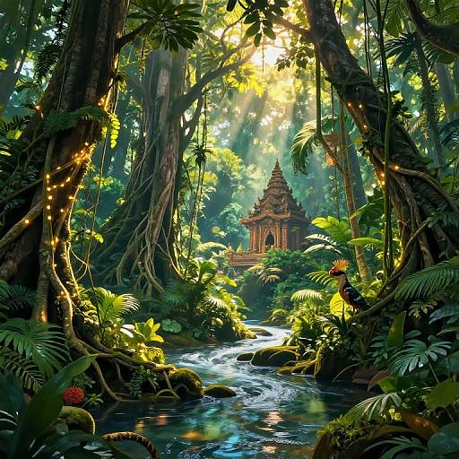 Digital painting of a sunlit, lush jungle with a small, ornate temple nestled among towering trees and a flowing stream, illuminated by golden sunlight filtering