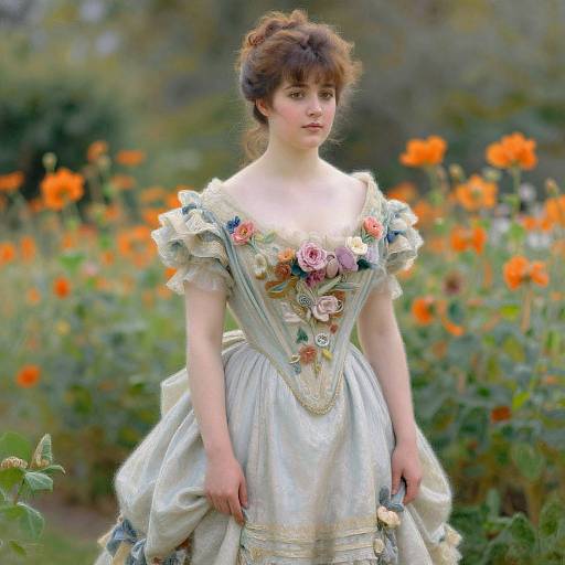 Photograph of a fair-skinned woman in a Victorian-style, cream-colored dress adorned with floral embellishments, standing in a vibrant garden filled with orange