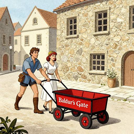 Illustration of a young couple pushing a red 