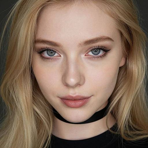 Close-up photograph of a young woman with fair skin, blue eyes, and blonde hair, wearing black eyeliner and a black choker, against a