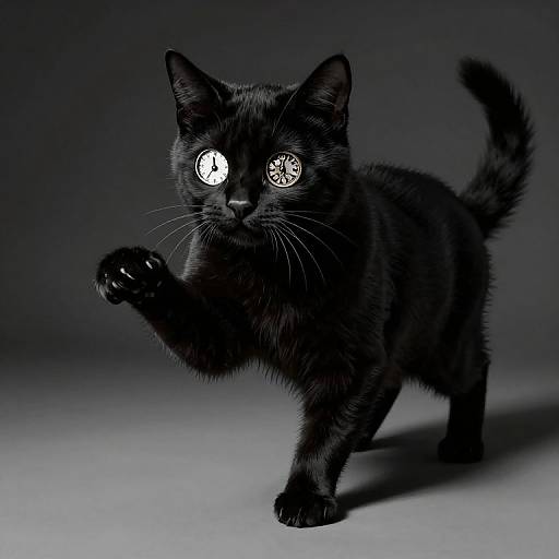 Photograph of a black cat with glowing, mismatched eyes (one white and one black) walking on a gray, shadowy background.