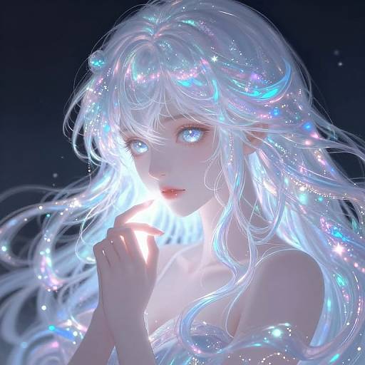 Digital art of a glowing, ethereal, white-haired woman with luminous blue and purple lights in her hair, against a dark background. She gaz