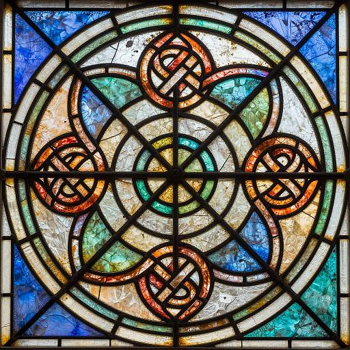 Vibrant stained glass window featuring a circular Celtic knot design with interlocking patterns, vibrant blues, greens, reds, and yellows.