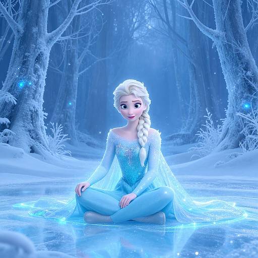 Digital CGI of Elsa from Frozen, sitting cross-legged in a glowing, icy forest pond, wearing her shimmering blue ice queen dress.
