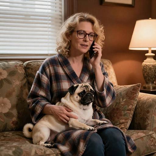 Middle-Aged Woman with Pug at Home