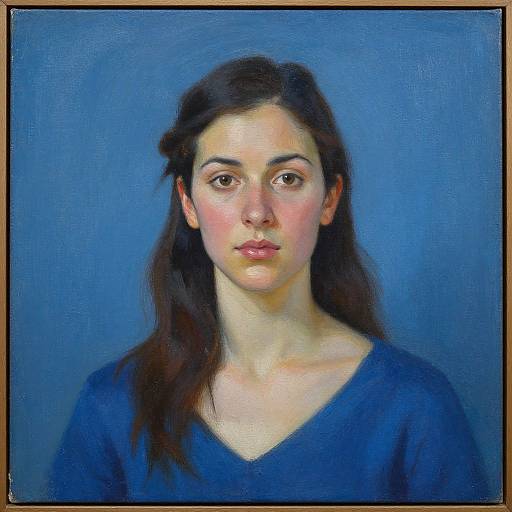 Realistic oil painting of a young woman with fair skin, brown eyes, and long dark hair, wearing a blue V-neck shirt, against a blue