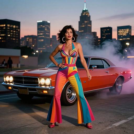 Photograph of a confident woman with curly black hair, wearing a colorful, rainbow-striped halter top and flared pants, standing in front of a