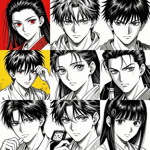 Digital manga-style collage of nine black-and-white anime characters with varied expressions, red, yellow, and white backgrounds, and intense gazes.
