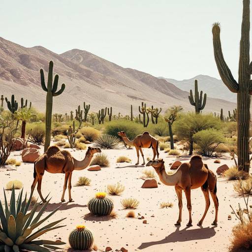Serene Desert Oasis with Camels and Cacti Serene Desert Oasis with Camels and Cacti