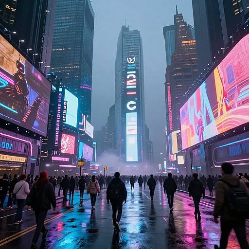 Photograph of a bustling, rainy Times Square at night, with neon billboards, illuminated skyscrapers, and crowds walking on wet pavement.