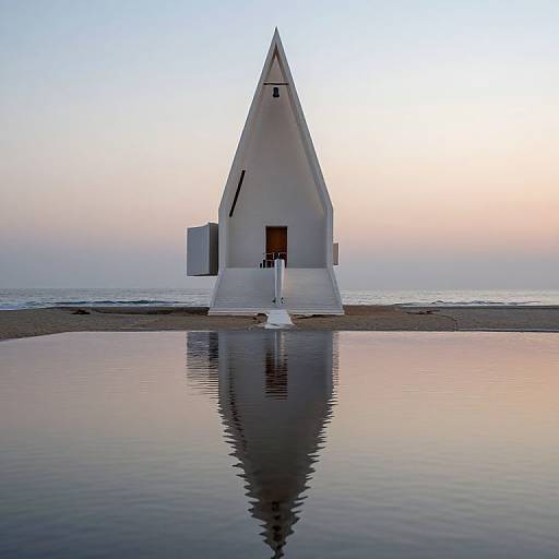 Photograph of a white, pointed-roof chapel with a mirrored reflection in a calm water pool at sunset, with a pastel sky.