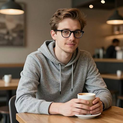 Young man with glasses, light gray hoodie, holding coffee cup, sitting at wooden table in cozy, dimly lit café.