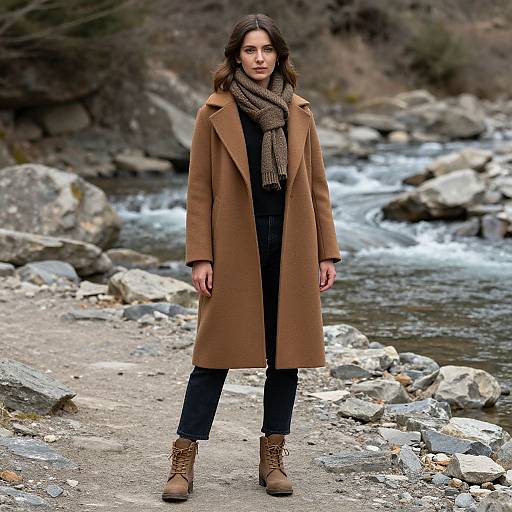 Photograph of a woman with long brown hair, wearing a tan coat, brown scarf, black pants, and tan boots, standing by a rocky stream