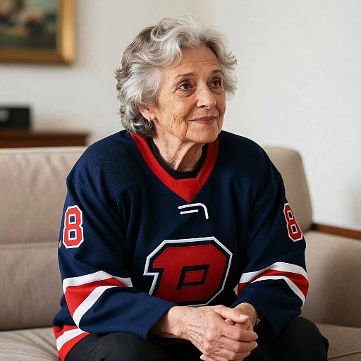 Elderly Woman in Hockey Jersey Setting
