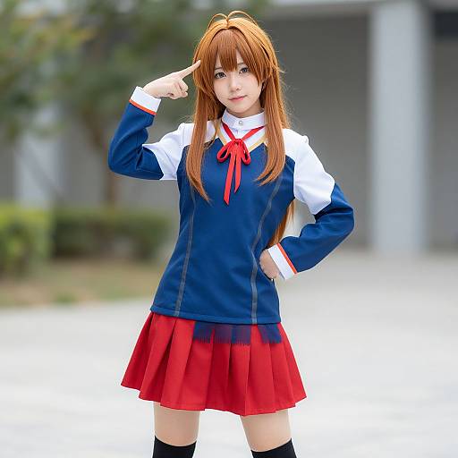 Photograph-like CGI of a cute anime-style schoolgirl with long brown hair, blue and white uniform, red skirt, and thigh-high socks, pointing