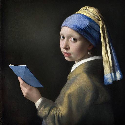 Photorealistic digital painting of a young woman with fair skin, blue headscarf, and golden headdress, holding a blue book, against a