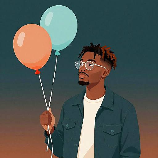 Digital illustration of a dark-skinned man with glasses, dreadlocks, and a denim jacket, holding two balloons—orange and blue—in a gradient sunset