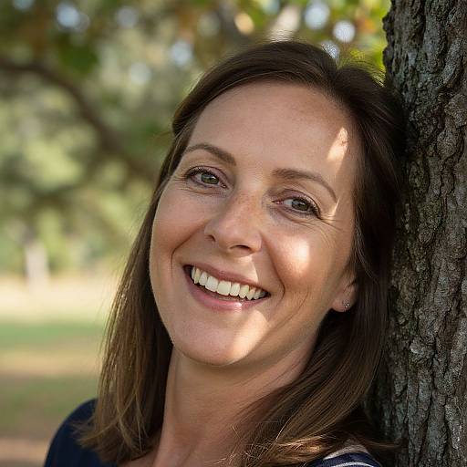 Photograph of a smiling middle-aged woman with brown hair, leaning against a tree in a sunlit, leafy park. Bright eyes, white teeth