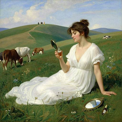 Romantic painting of a fair-skinned woman in a white dress, sitting in a grassy meadow, holding a mirror, with cows grazing in