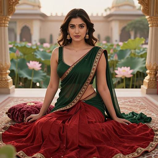 Photograph of a beautiful South Asian woman with dark hair, wearing a green and red traditional saree, seated on a textured carpet in a lush,
