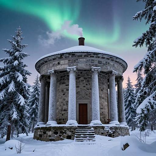 Photograph of a snow-covered, ancient stone circular temple with columns, surrounded by snow-laden evergreen trees, under a vibrant green aurora bore