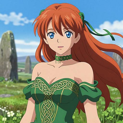 Anime-style drawing of a red-haired woman with blue eyes, wearing a green, off-shoulder, Celtic-inspired dress, standing in a vibrant,