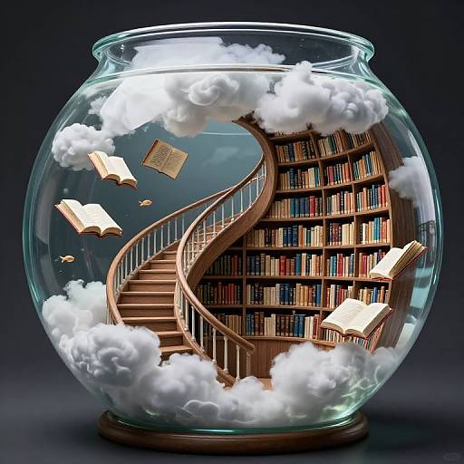 Photorealistic digital art of a glass fishbowl containing a swirling wooden bookshelf, floating open books, and clouds, set against a dark background