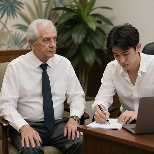 Two Men in Office Writing and Discussing