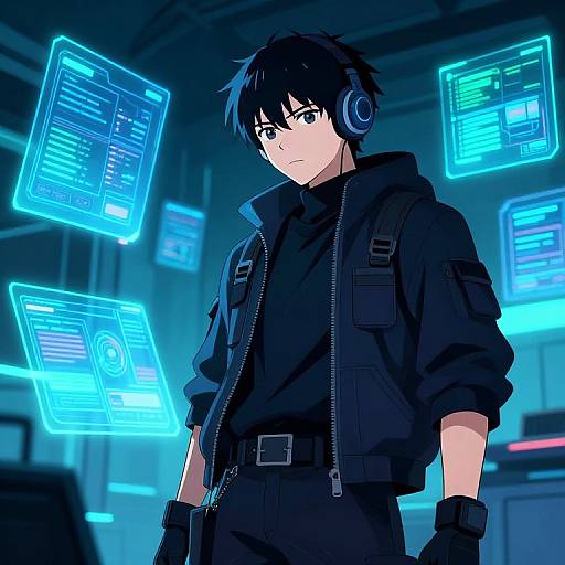 Anime-style digital drawing of a serious, black-haired male in a black jacket, headphones, and gloves, surrounded by glowing blue holographic screens in a
