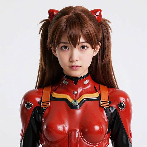 Photorealistic CGI of an Asian woman with brown hair in red, glossy, form-fitting Eva pilot suit from Neon Genesis Evangelion. White background