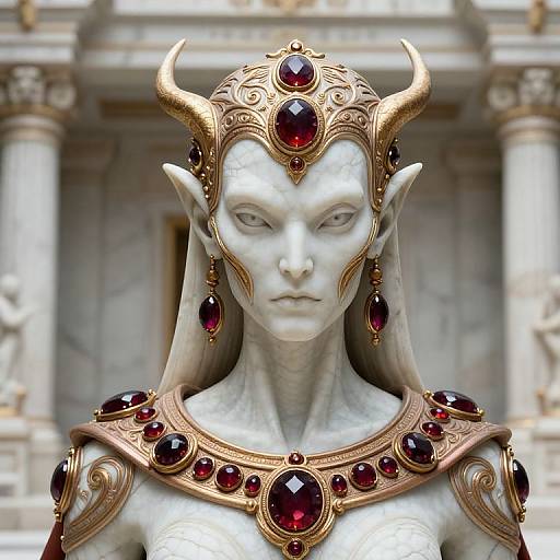 Digital artwork of a white-skinned, elven demon with gold horns, red gem-encrusted crown and necklace, standing in front of a