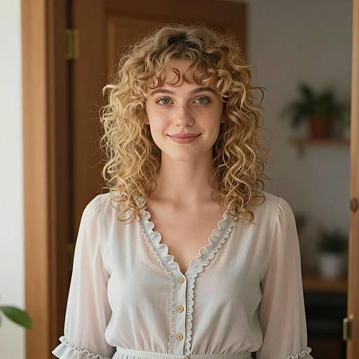 Young Woman with Curly Blonde Hair Wearing Sheer Dress