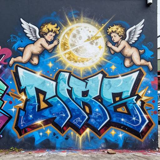 Graffiti mural of two cherubic angels with wings, floating above a glowing sun, above colorful, starry blue and black graffiti text.