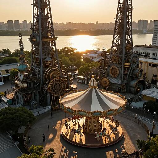 Photograph of a sunset-lit amusement park with a carousel in the foreground, surrounded by industrial steam-punk towers, and a cityscape in the