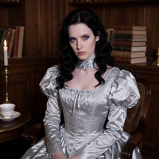 Photograph of a pale-skinned woman with long black hair, wearing a silver satin Victorian-style dress, sitting in a dimly lit wooden library with