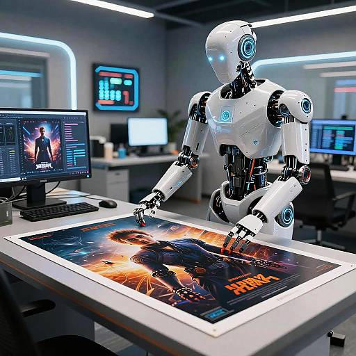 Photograph of a white, futuristic robot with glowing blue accents, drawing on a vibrant poster with neon effects in a modern, brightly lit office. Multiple